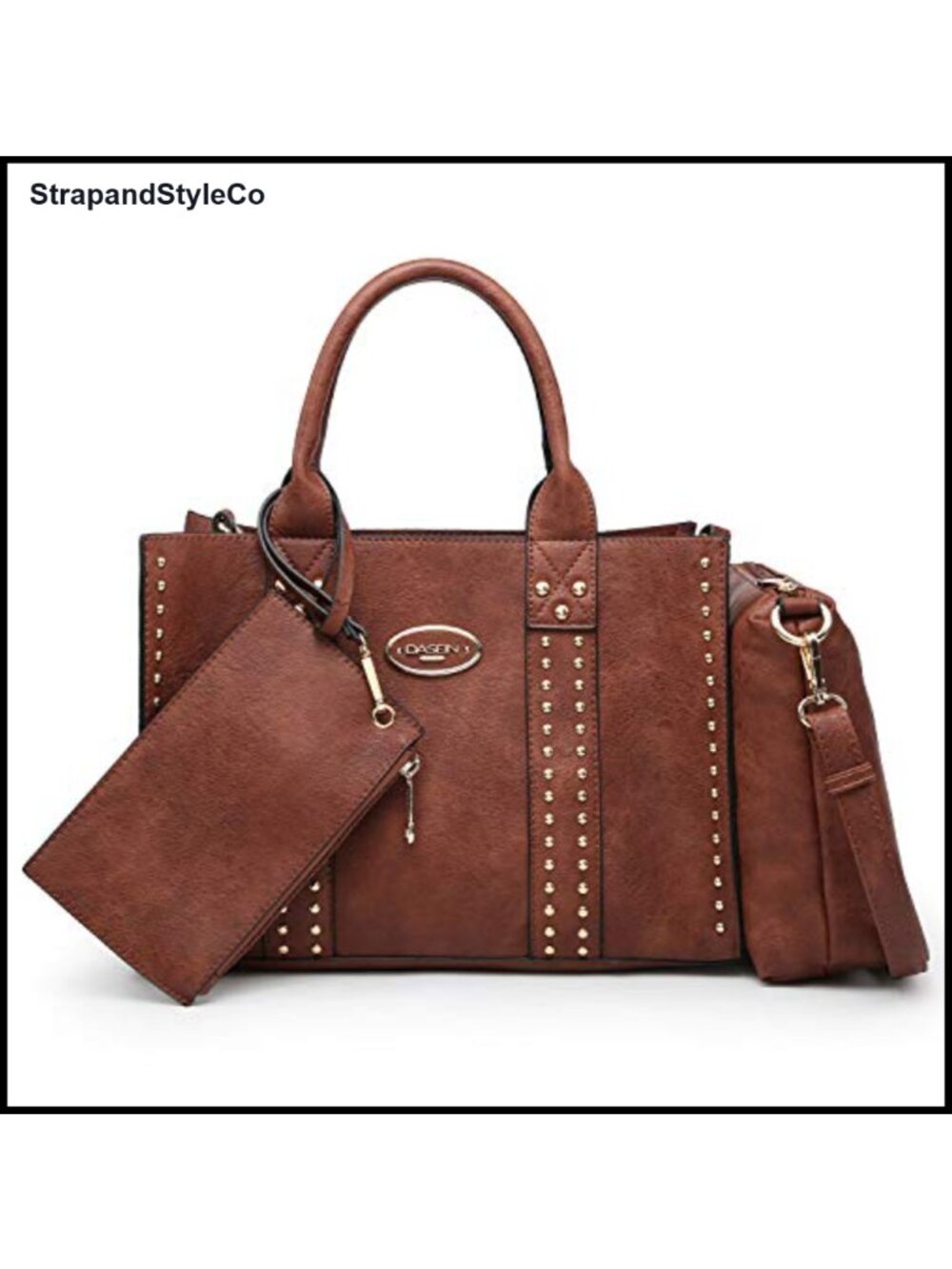 Vegan Leather Satchel Hobo Shoulder Bag Wallet Set Studded Tote 3pc